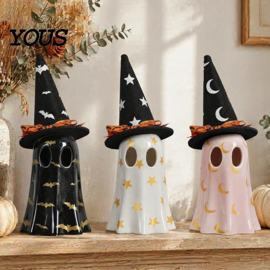 Kids Bedroom Night Light Up Ghost Halloween Decoration, Cute Spooky Witch Hat Figurine, Gifts for Resin LED Lighted Statue Mantel, Shelf, Indoor Home