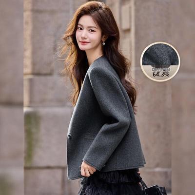 Women's Elegant Round Neck Short Wool Blend Coat