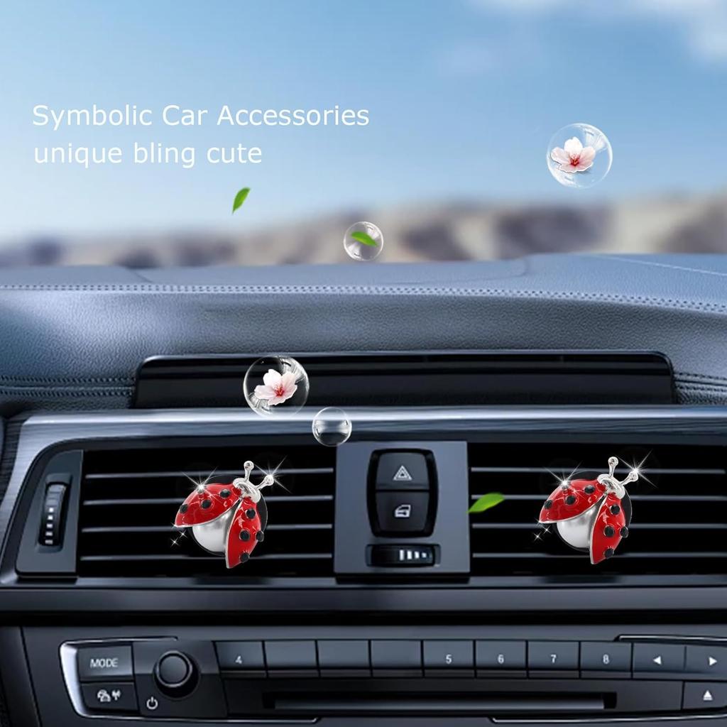 Ladybug Car Accessories,2Pcs Lady Bug Air Vent Clips Car Air Fresheners,Refillable Animal Decoration Diffusers,Girly Rhinestone Dashboard Charms For