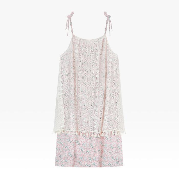 

French retro fringed splicing sweet dress children s summer new thin temperament suspender sleeveless medium and long dress S розовый