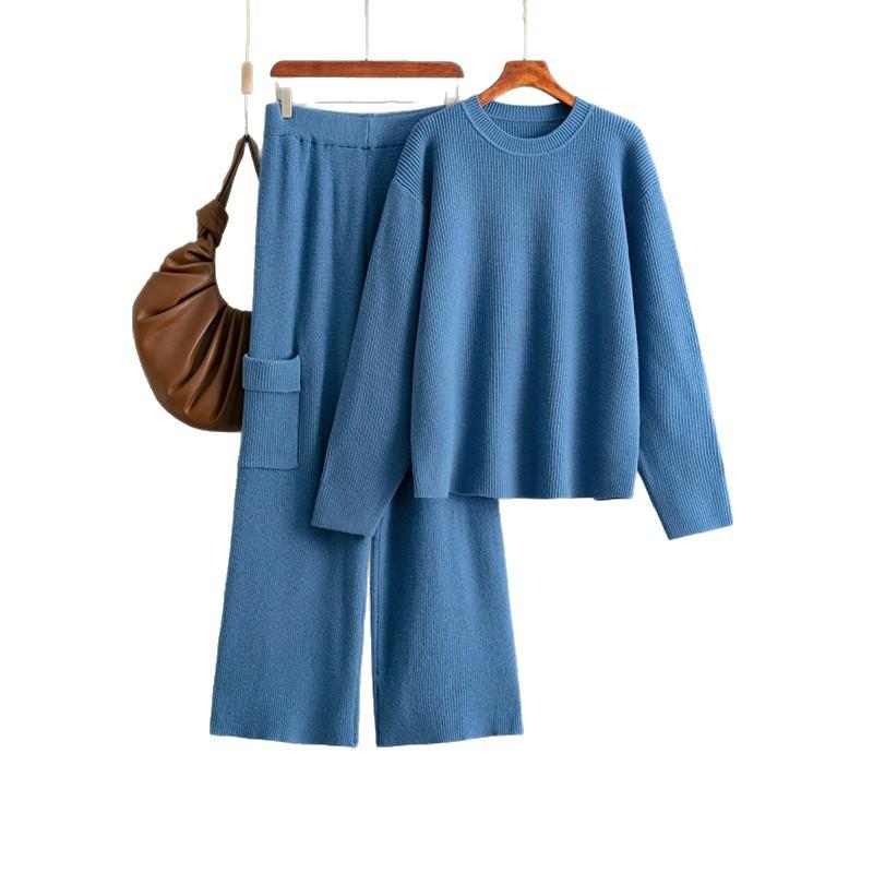 Fashionable Round-neck Loose Knitted Suit for Women, Autumn and Winter Casual Style Wide-leg Pants Two-piece Set