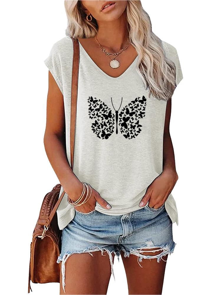 

Women Fashion T-shirt Summer V Collar Print Short Sleeve Top Ladies Casual Tee Shirt S
