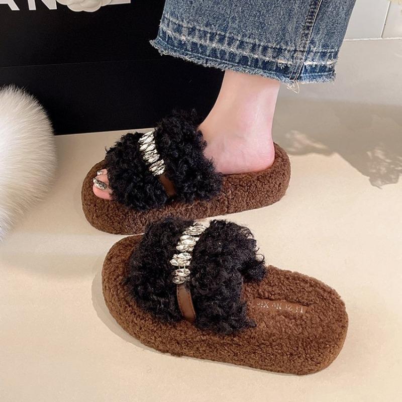 Retro one-pedal fluffy thick-soled slippers women's autumn and winter outer wear fashion slippers women's one-word drag
