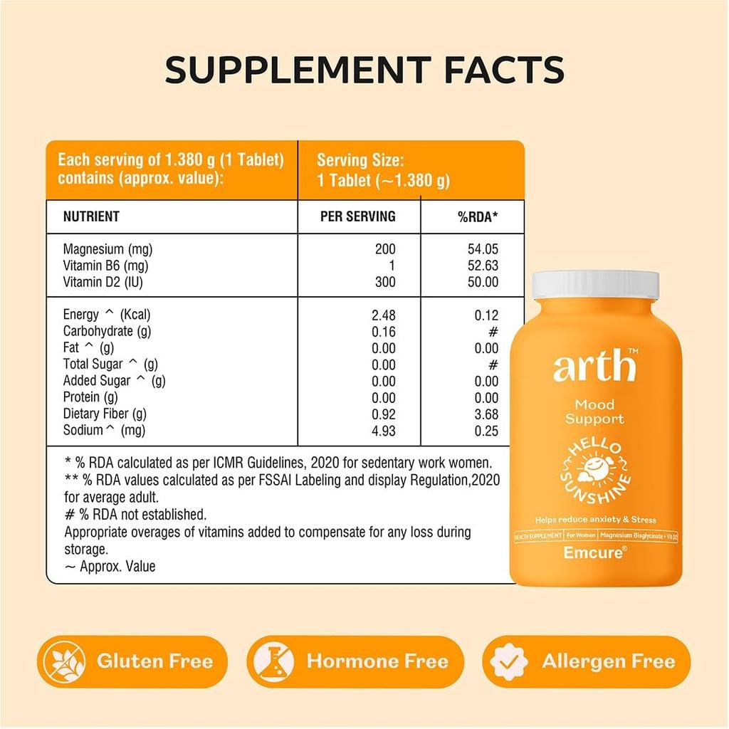 Arth Chelated Magnesium Bisglycinate Supplement With Vitamin D2 & B6 30 Veg Tablets X Pack of 3 For Muscle Recovery