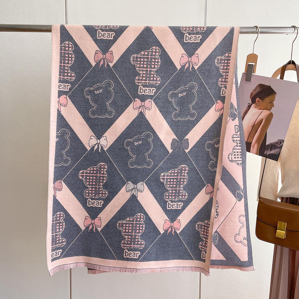 

Имитация кашемирового шарфа Утолщенный и удлиненный Мультяшный узор Милый шарф от ветра Принт медведя Шаль 180*65cm серый