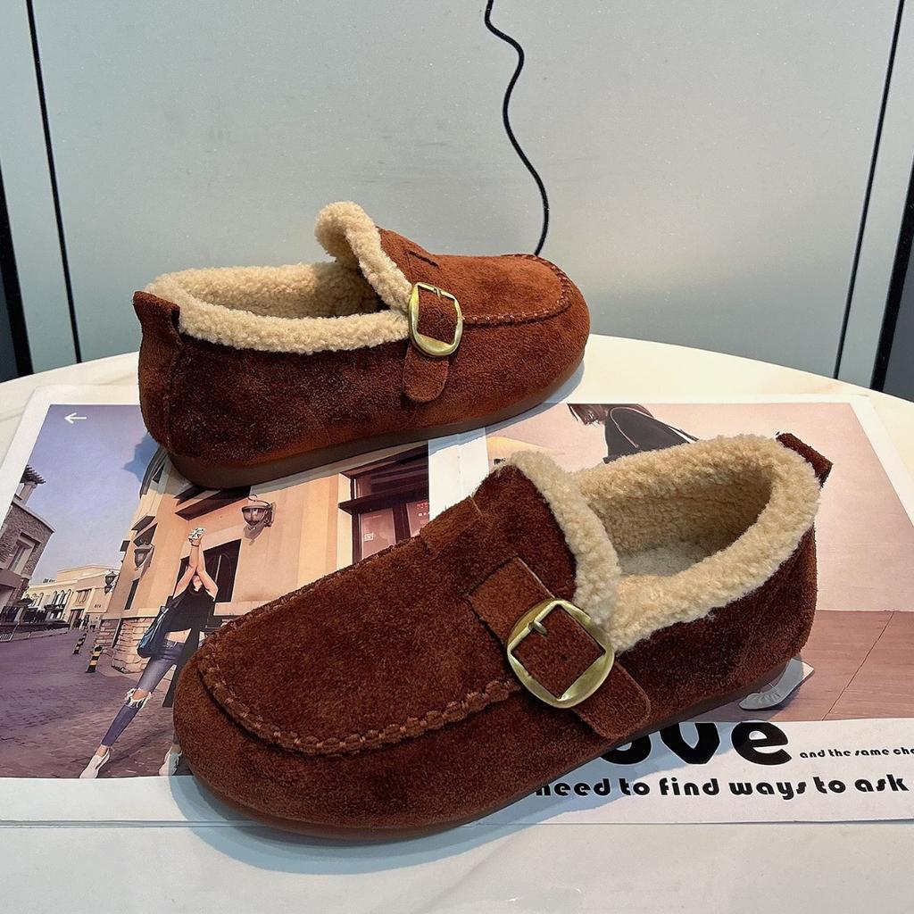 Leather velvet Birkenstocks women's 2025 autumn and winter new retro one-pedal lamb wool warm beans cotton shoes outside