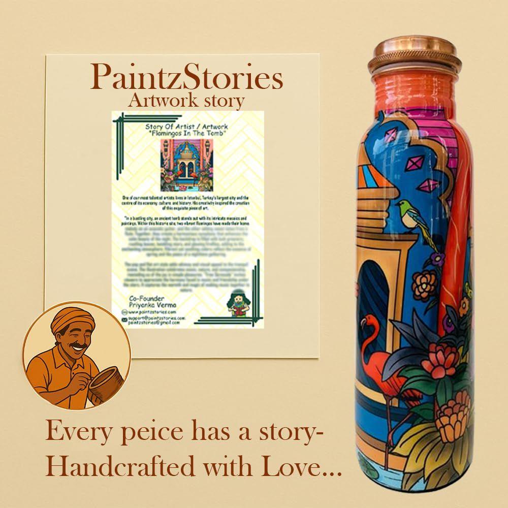 Embracing Rainy Delight Meena Print Copper Water Bottle Set | Handcrafted Tamba Bottle with 2 Glasses | Premium Copper Water Bottle