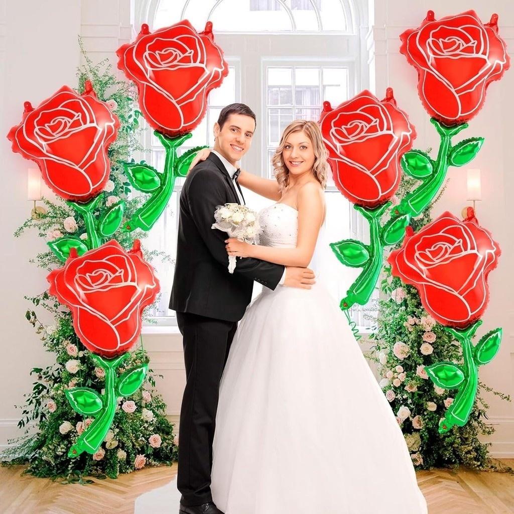 1-5pcs 91cm Giant Red Rose Foil Balloons, Valentines Day Rose Flower Shape Balloons For Wedding Anniversary Background Decor