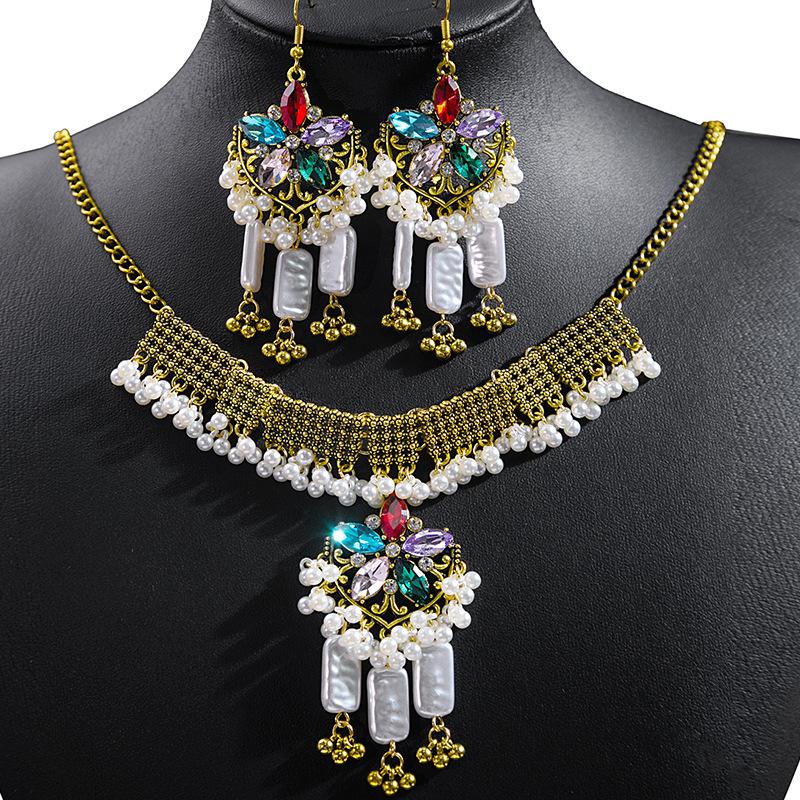 Bohemian Crystal Jewelry Set Fashion Vintage Ethnic Gemstone Tassel Necklace Earrings Set