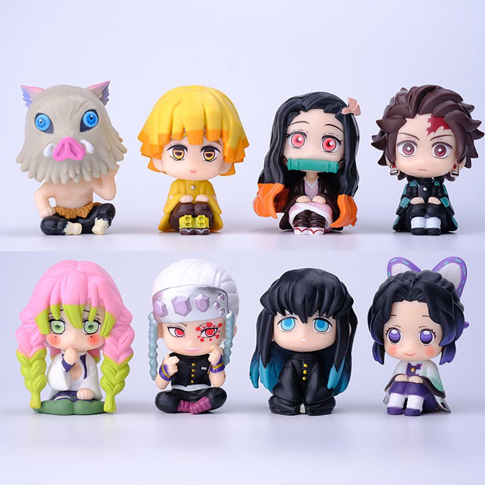 

8Pcs/Set Q Version Sitting Ghost Doll Tanjiro Nidouzi Inosuke Zenizu Plaything Figural Pvc Statue Collectible Model Present