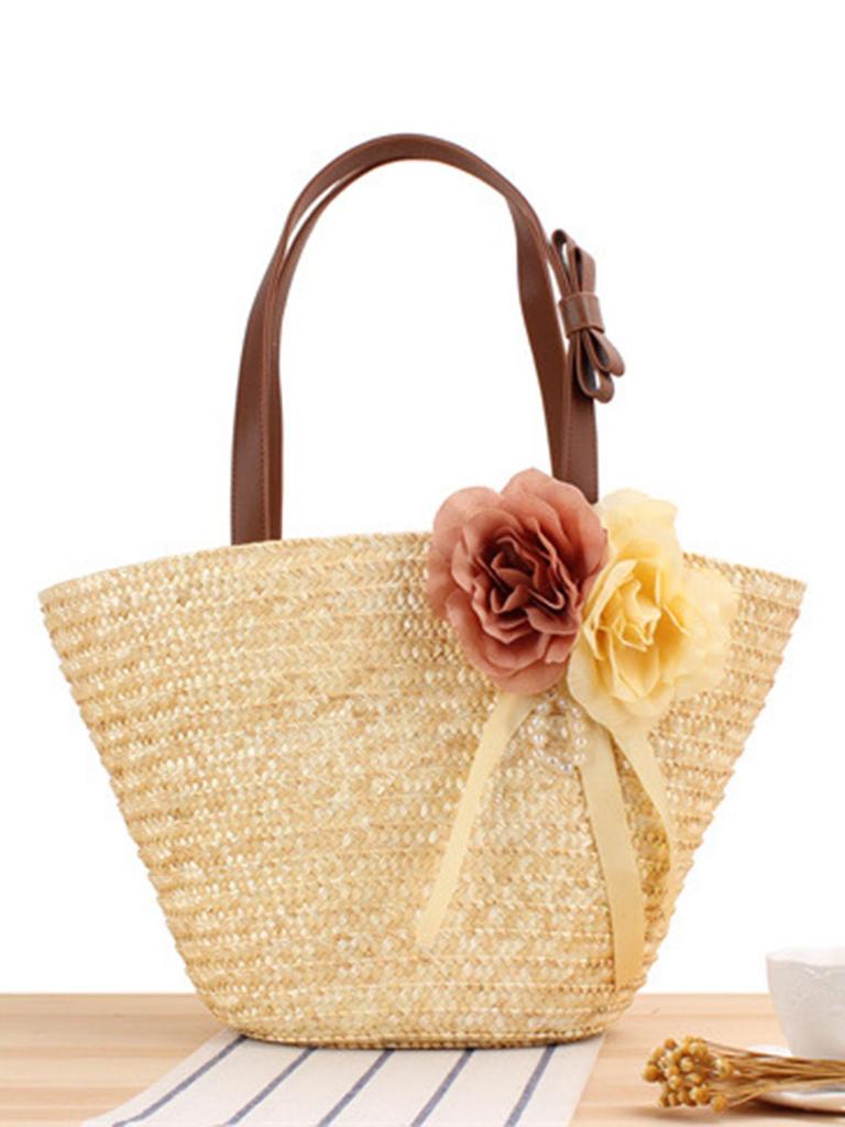 New Pastoral Straw Bag: Handmade Wheat Straw, Single Shoulder, Solid Color, Floral Design for Women