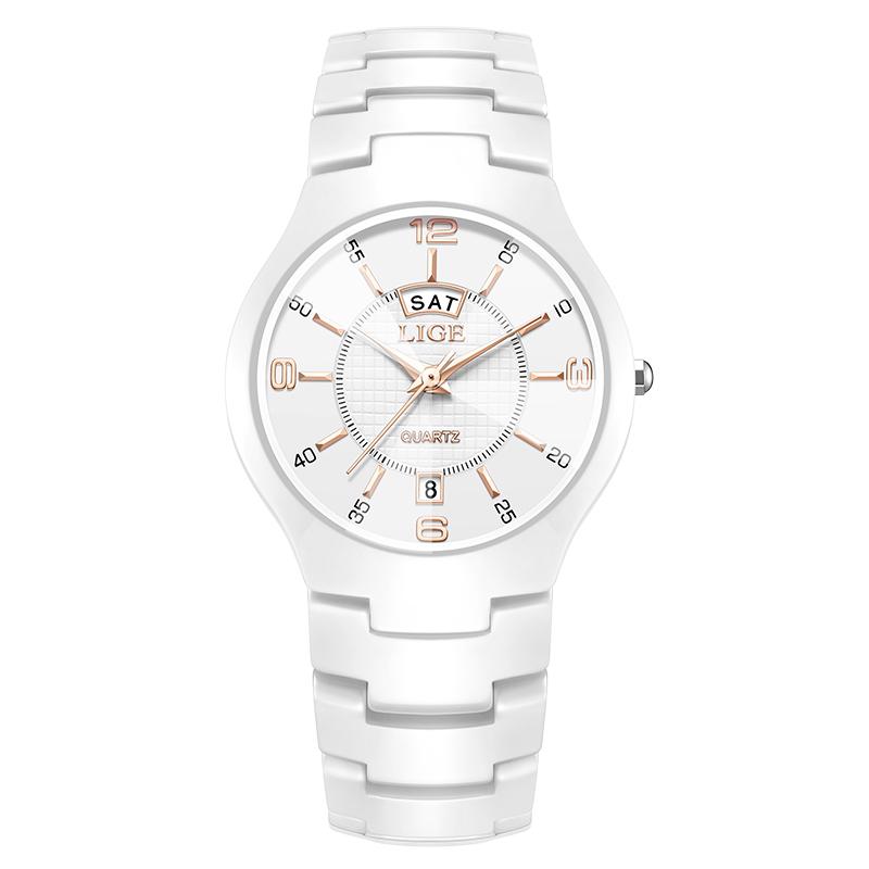 LIGE Elegant Women Watches Fashion Ceramics Small Dial Ladies Quartz Watch Date Week Display Luxury Woman Wristwatch Reloj Mujer