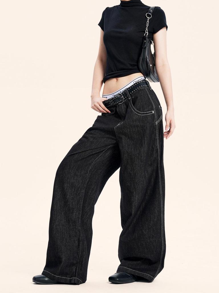 Yongfang Unisex Retro Black Wide-Leg Jeans: Casual, Loose, Washed Straight-Leg Pants.