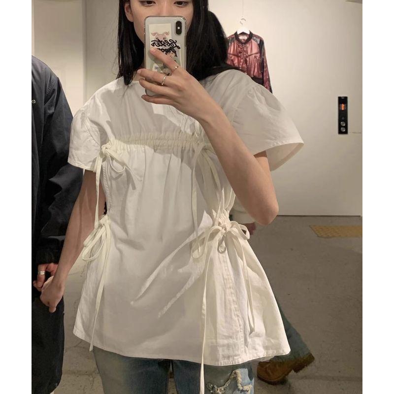 

Oni South Korea Ins Pullover Loose Short Sleeve Drawstring Beige White All yards