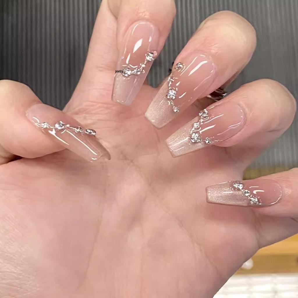 Handmade Medium-Long Ice Crystal Butterfly Cat Eye Nails for Brides or Pregnant Women