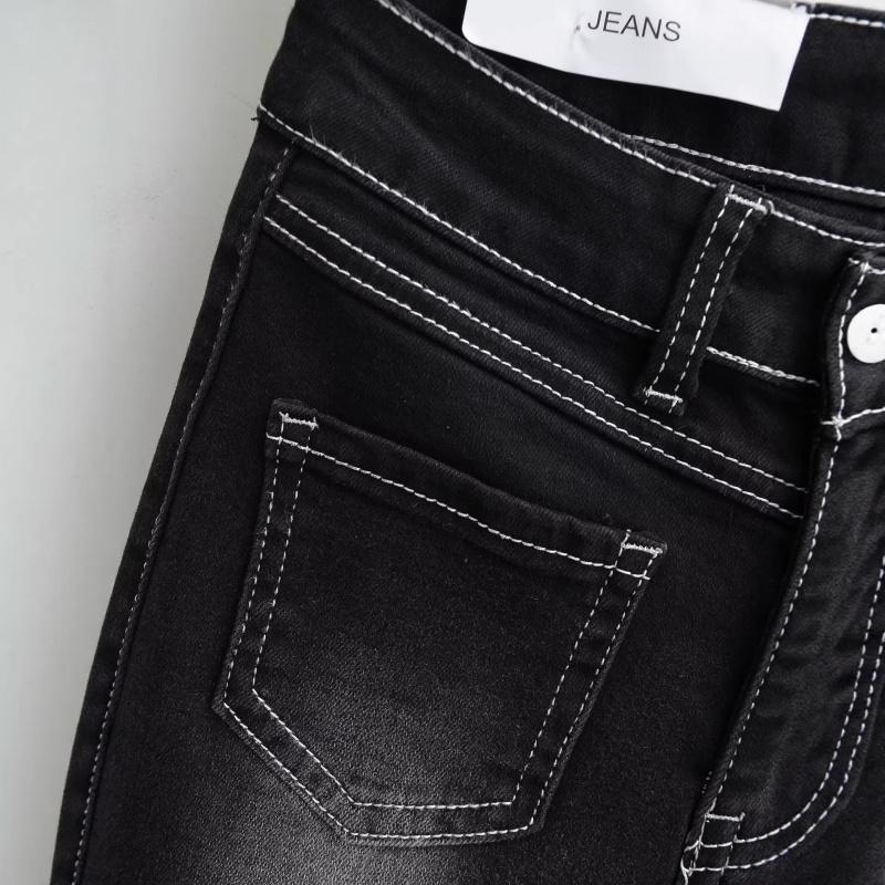 Vintage high-waisted micro-flare women's jeans with visible stitching design, front pockets, slim fit, super slimming, floor-length pants