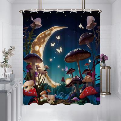 1 Piece 180X180Cm Mushroom Moon Starry Sky Butterfly Printed Shower Curtain Partition Bathroom Waterproof And Mildew Proof