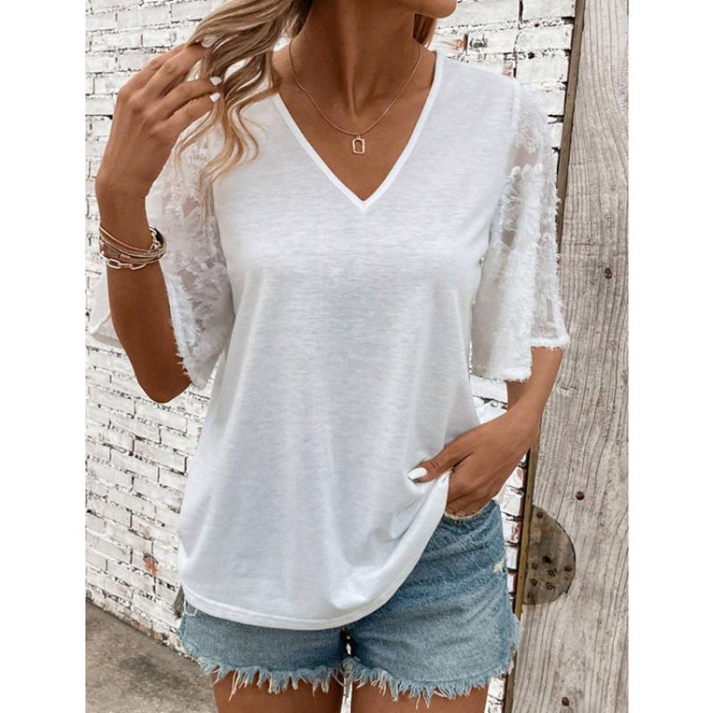 2026 Summer New V-neck Lace Sleeve Loose Women's Casual Solid Color T-shirt