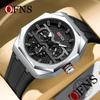 OFNS Men's Waterproof Octagonal Quartz Wristwatch with Large Dial & Three-Eye Six-Hand Design