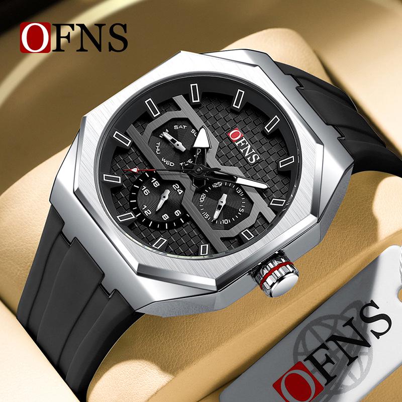 OFNS Men's Waterproof Octagonal Quartz Wristwatch with Large Dial & Three-Eye Six-Hand Design