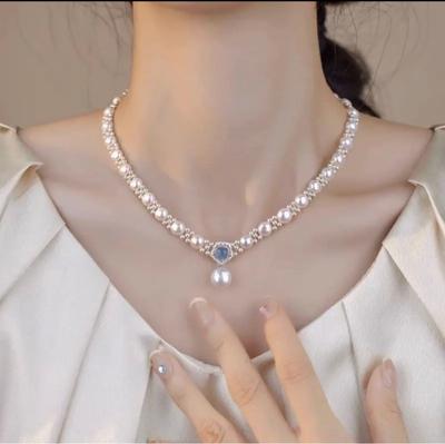 Pearl Aquamarine Handwoven Necklace Simple Temperament Versatile Niche Women's Sweater Chain Accessories