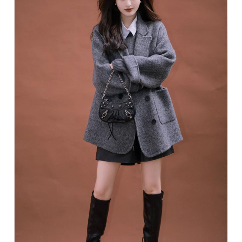 Double-sided cashmere coat, high-end loose suit woolen jacket for women, gray temperament spring women's clothing