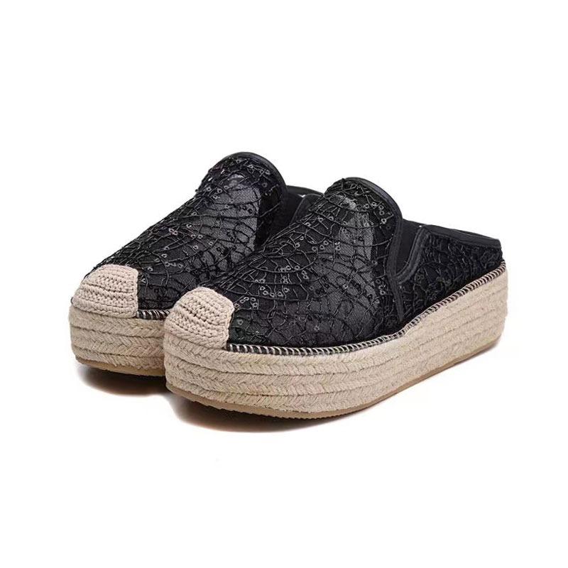 Women's Breathable Mesh Chunky Flat Bottom Shoes Slip on Embroidery Platform Shoes Large Size Casual Shoe White Female Footwear