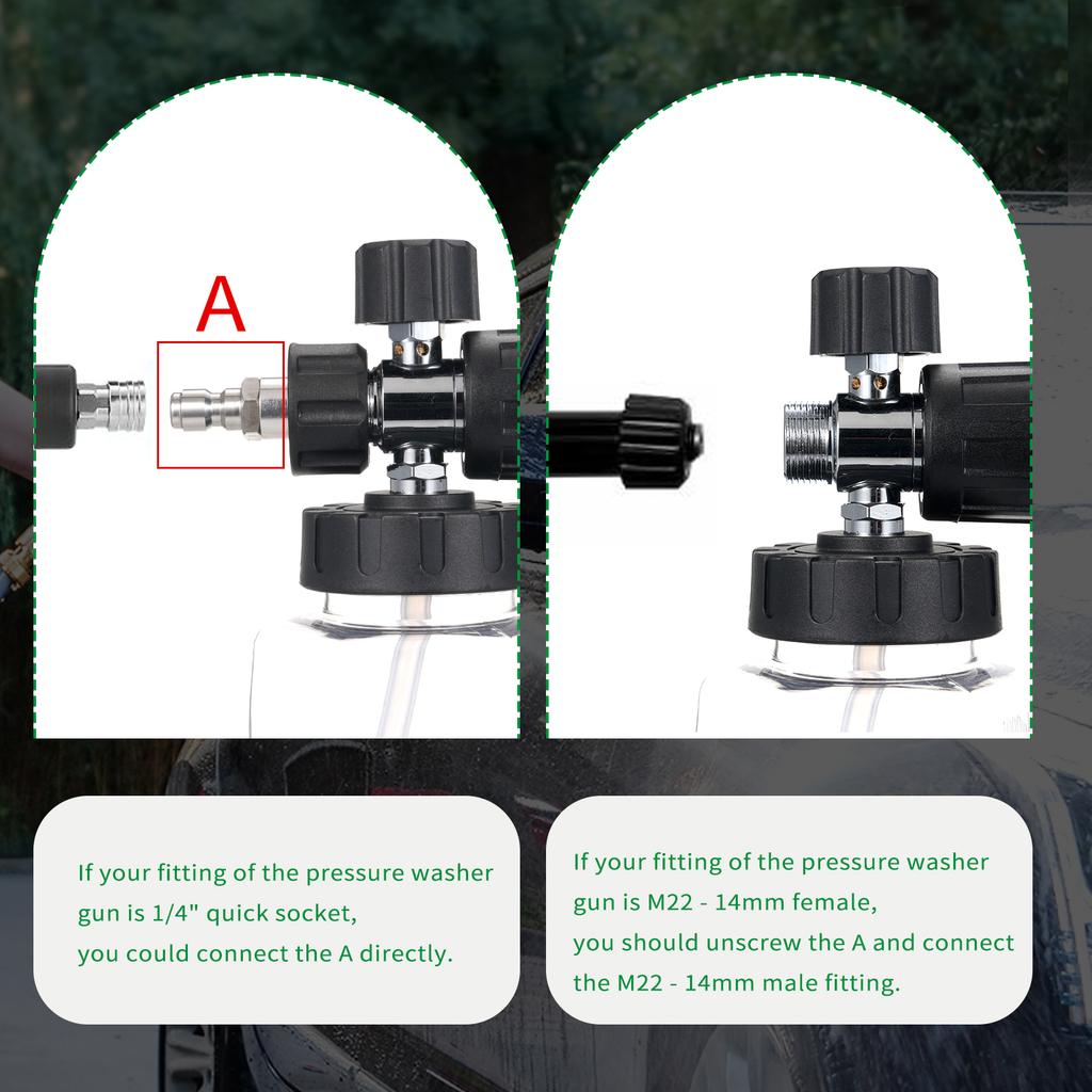 Foam Cannon for Pressure Washer with Dual-Connector Tool, Car Foam with 1/4'' Quick Connect 1L Transparent Bottle