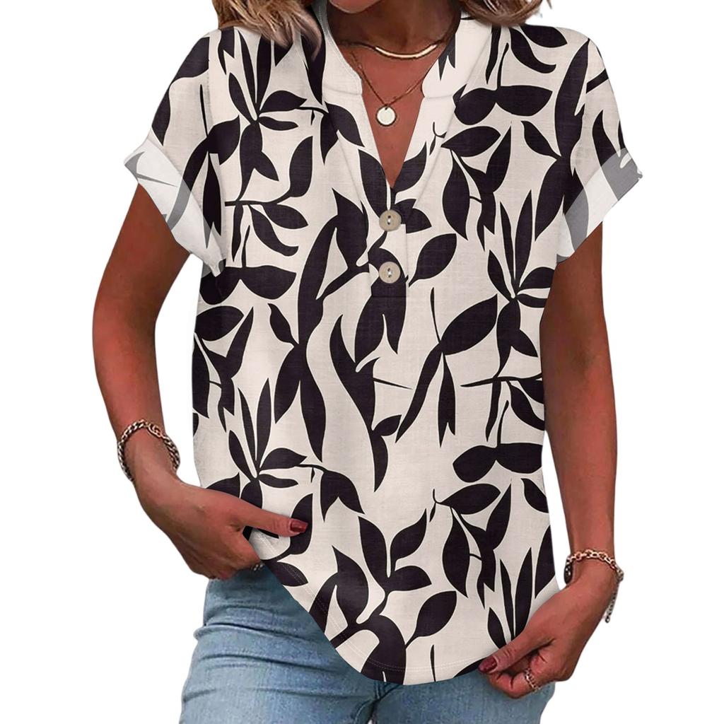 Ladies Casual Fashion V-Neck Button Floral Print Short Sleeve Top