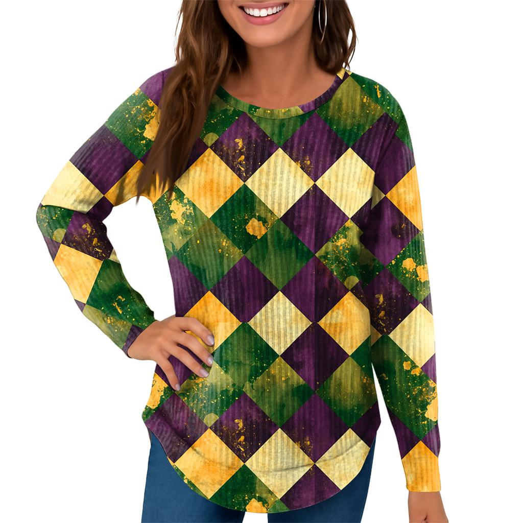 Damenmode Locker Langarm Karnevals-Print Rundhals Casual Oberteil