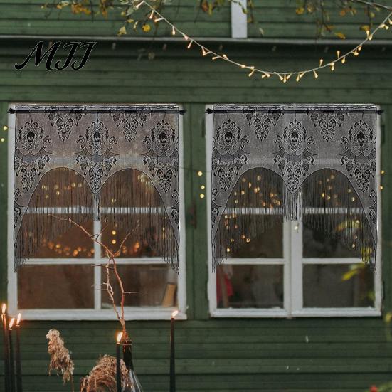 Fledermaus-Design Fensterdekoration Halloween Gruselige Gardine, Schädel und Muster Transparenter Spitzenvorhang, Dekorationsbehandlung Lichtfilternde Gotische Gardine