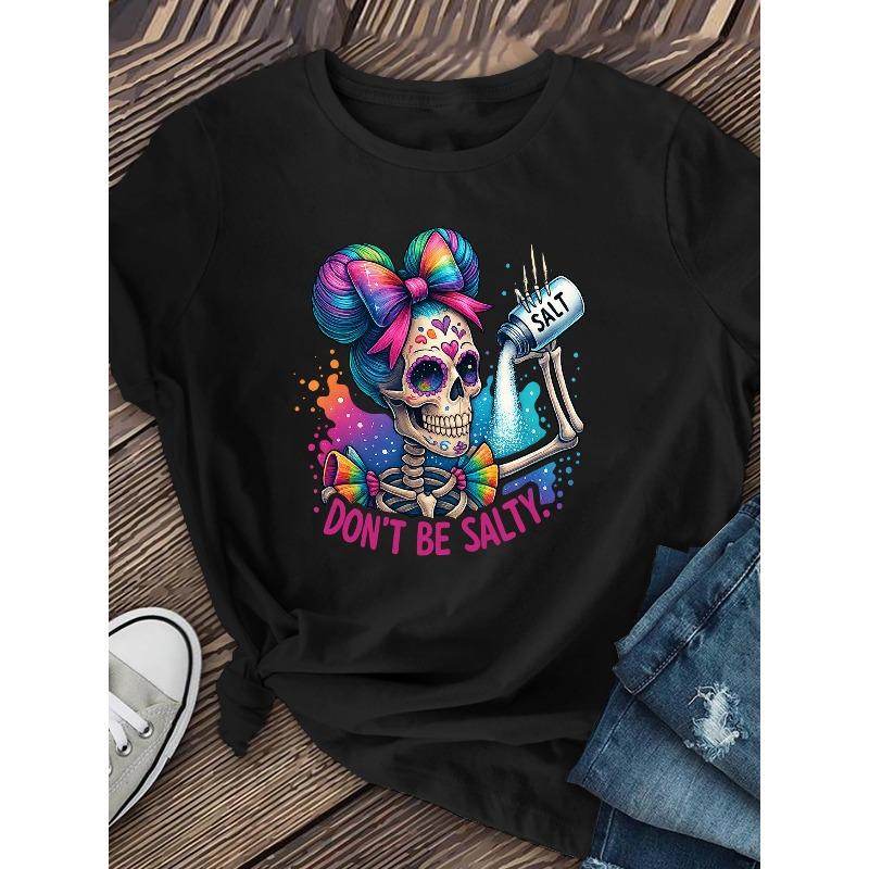 

European sizes Graffiti Skull Halloween Print T-shirt, Casual Loose Short-sleeved Shirt, T-shirt, Women s Clothing 4XL чорний