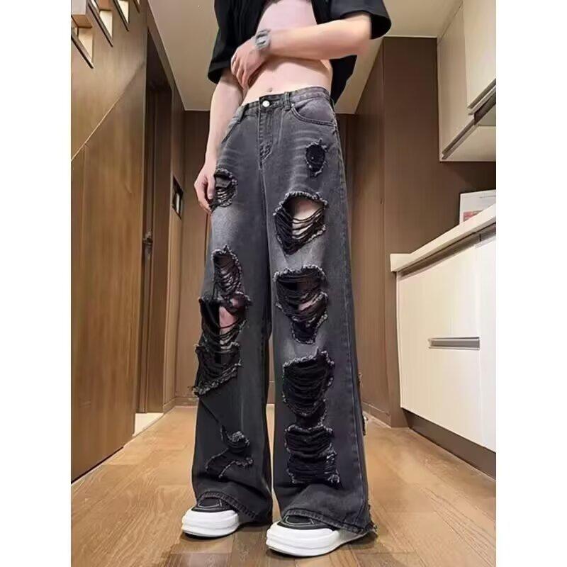 Jeans de diseño americano rasgado para hombre marca retro trendy de alta calle pantalones de pierna ancha de barrido pantalones finos de verano