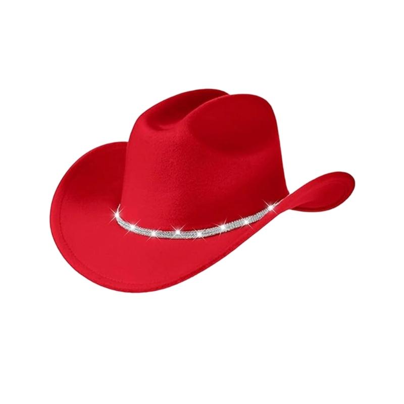 Unisex Cowgirl Hats with Triple Rhinestones Decors Soft Acrylic Fabric Camping Concerts Daily Use Costume Accessory