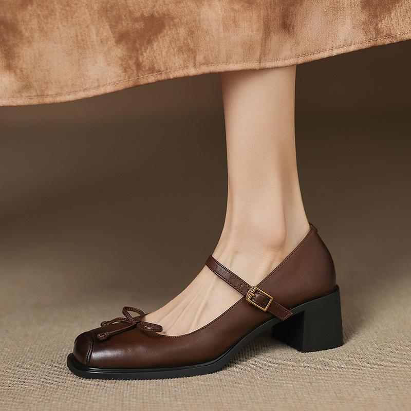 Fashion Butterfly-knot Elegant Shallow Mouth Women Pumps 2025 Mary Jane Fashion Square Toe Metal Buckle Thick Heel Dress Ladies Footwear