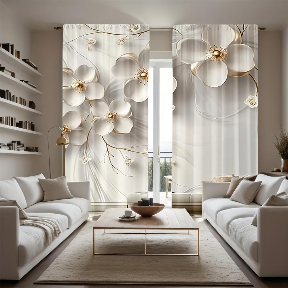 2PC Elegant Floral Sheer Curtains – White & Gold Blooms  Pocket Rod Top for Living Room  Bedroom   Kitchen  Office – Luxe Home Decor