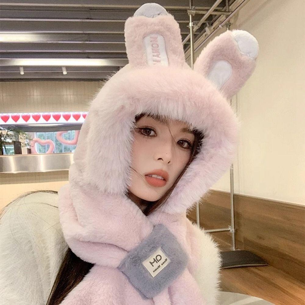 Winter Rabbit Ear Hat Ear Protection Bib Scarf Hat Fashion Plush Hat  Children