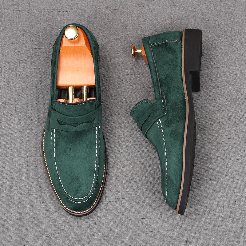 New Men's Pointed Slip On Suede Leather Business Flats Shoes Male Designer Penny Loafers Homecoming Wedding Dress Footwear