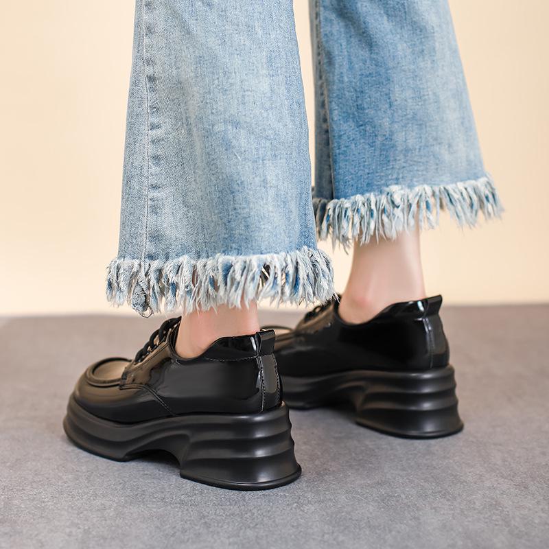 2025 Autumn Women's British Style Patent Leather Platform Loafers with High Heels