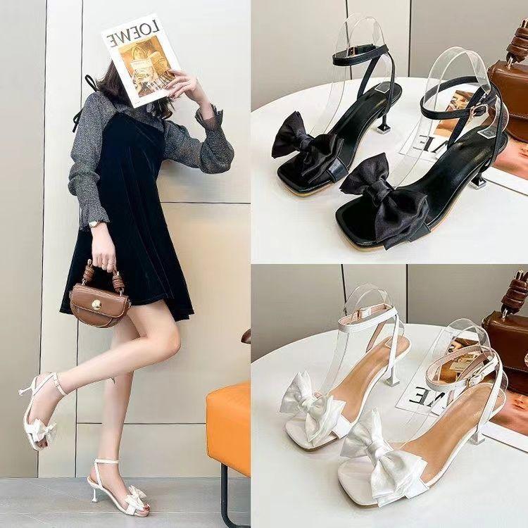 With skirt fairy style gentle bow word with thin heel square head shoes high heel sandals women 2025 summer new