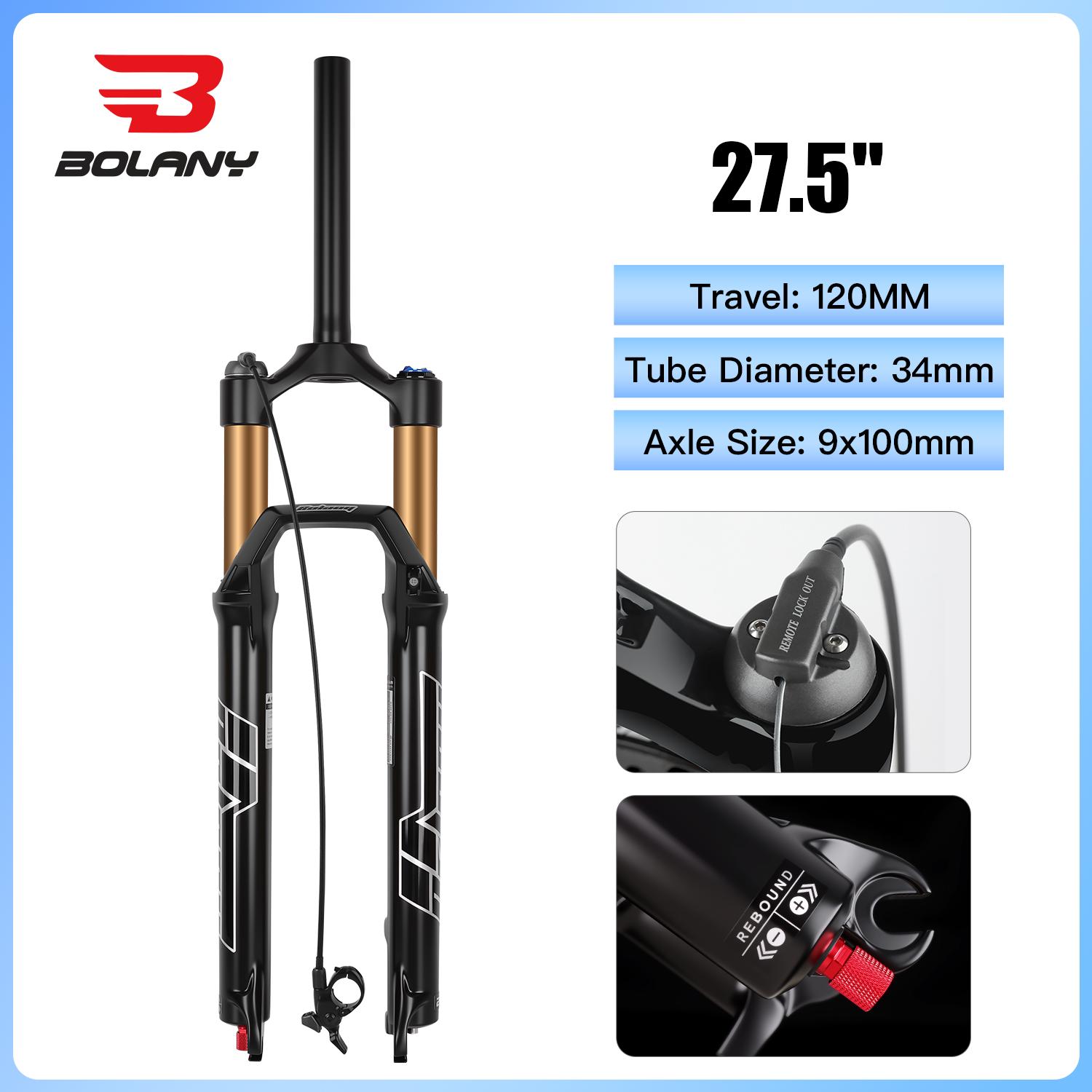 BOLANY 27.5 29er Air Fork Bicycle Suspension 9x100mm MTB Bicycle Front Shock 34mm Inter Tube Fork Adjustable Damping Rebound 27.5 Remote 120mm G