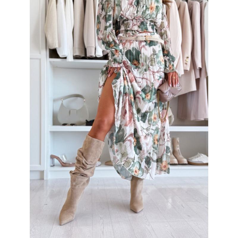 Fashion Floral Printed Off Shoulder Long Sleeve Women Dress Loose Pleated Casual Simple A-line Party Elegant Long Dresses Streetwear Slim Fit Clothing