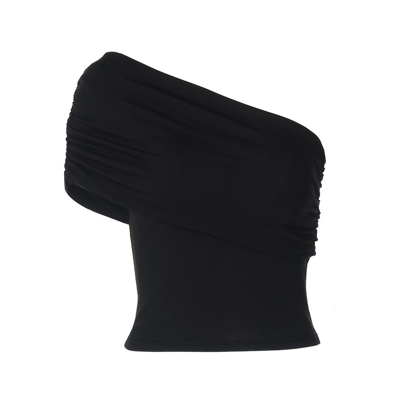 Shemoda Stylish Asymmetric Shoulder Diagonal Collar Pure Color T-shirt Female Sexy Sexy Pleated High Waist Silm Tops