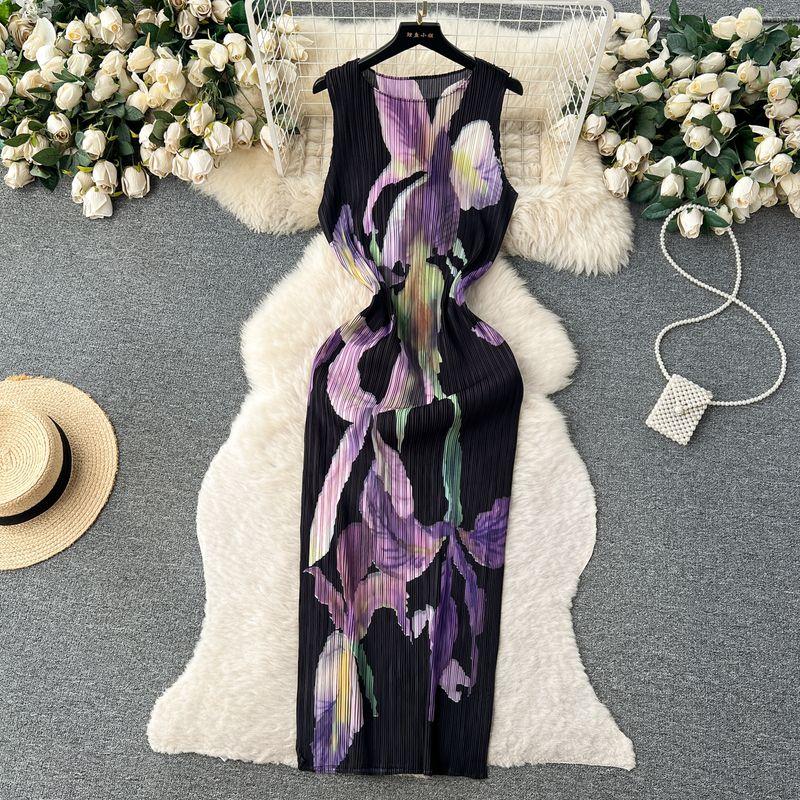 

Summer Sleeveless Pleated Silm Niche Style Print Dress Black One size
