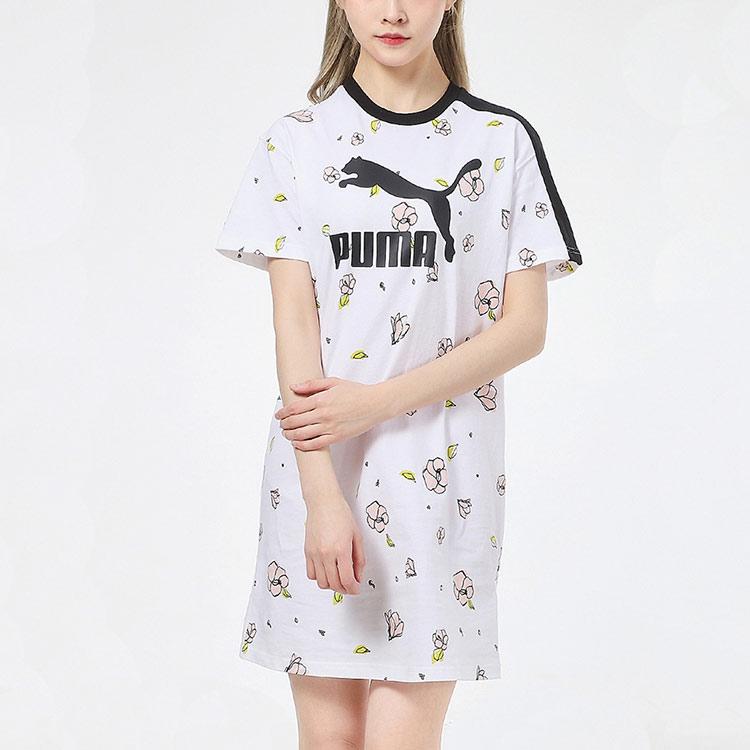 Puma Floral Print Letter Casual Sport Breathable Round Neck Short Sleeve Dress Women Dress White 532044-02