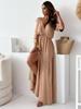 2024 Summer Women's Solid Color Lace-Up Waist Slit Dress with Hollowed-Out Design