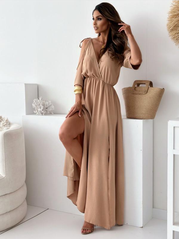 2024 Summer Women's Solid Color Lace-Up Waist Slit Dress with Hollowed-Out Design