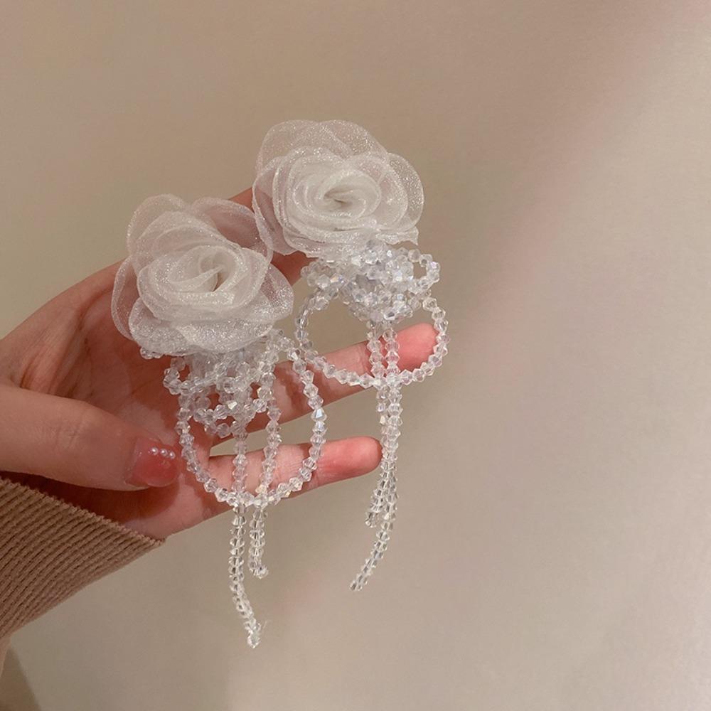Light Luxury Tassel Earrings Silver Needle Crystal Dangle Earrings Gauze Flower Earrings  Women