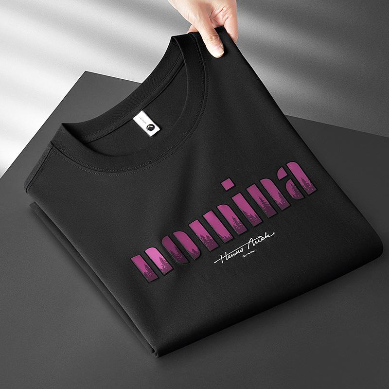 2026 Men s Fashionable Silk Cotton Round Neck Short Sleeve T-Shirt with Embossed Lettering M чёрный