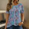 Women's Short Sleeve T Shirt Geometric Print Button Detail Round Neck Casual Top Lightweight Soft Fabric Blouse